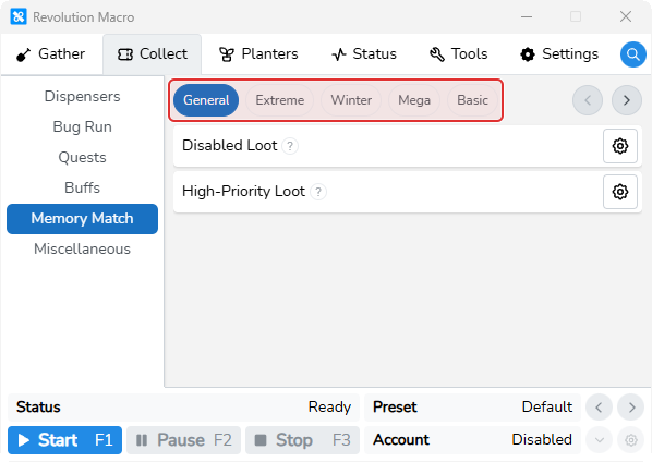 Collect Memory Match page showing General and type module tabs