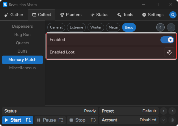 Basic Memory Match tab with Enabled switch and Enabled Loot control