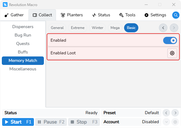 Basic Memory Match tab with Enabled switch and Enabled Loot control