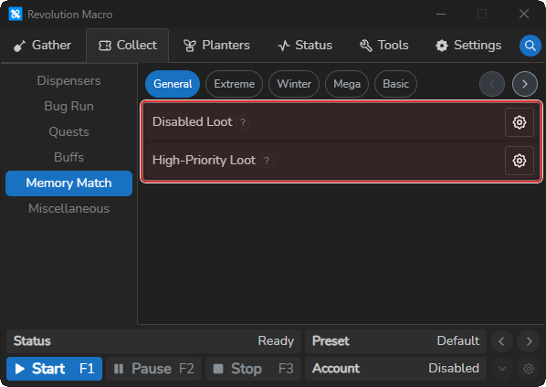Memory Match General tab showing Disabled Loot and High-Priority Loot