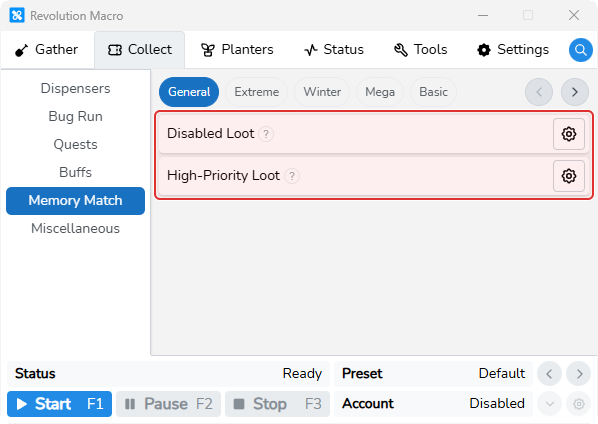 Memory Match General tab showing Disabled Loot and High-Priority Loot