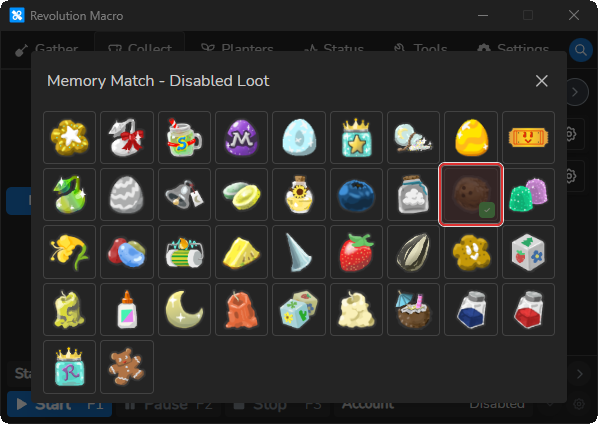 Memory Match Disabled Loot grid with checked loot dimmed