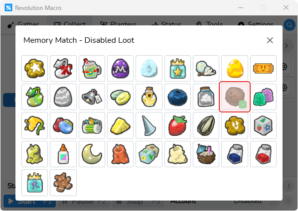 Memory Match Disabled Loot grid with checked loot dimmed
