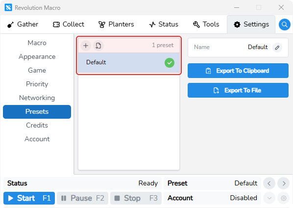 Settings Presets page showing the preset list and Import control