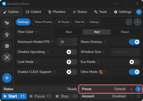Control bar Preset switcher with preset name and arrows