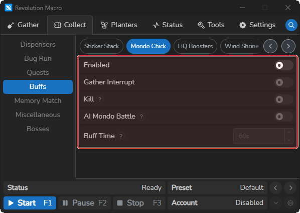 Mondo Chick buff settings with Enabled, Kill, AI Mondo Battle, and Buff Time