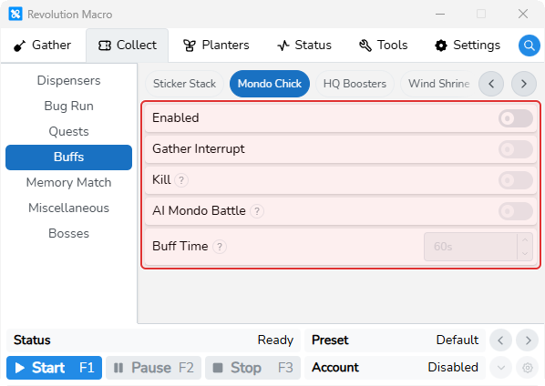 Mondo Chick buff settings with Enabled, Kill, AI Mondo Battle, and Buff Time