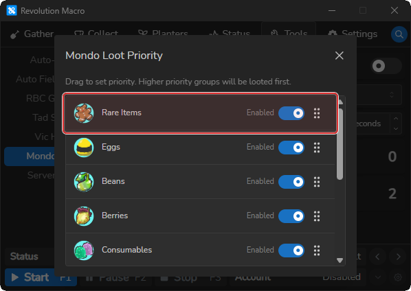 Mondo Loot Priority modal listing loot classes