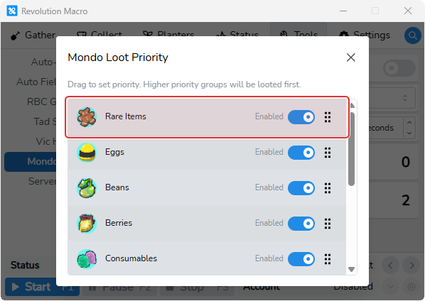 Mondo Loot Priority modal listing loot classes
