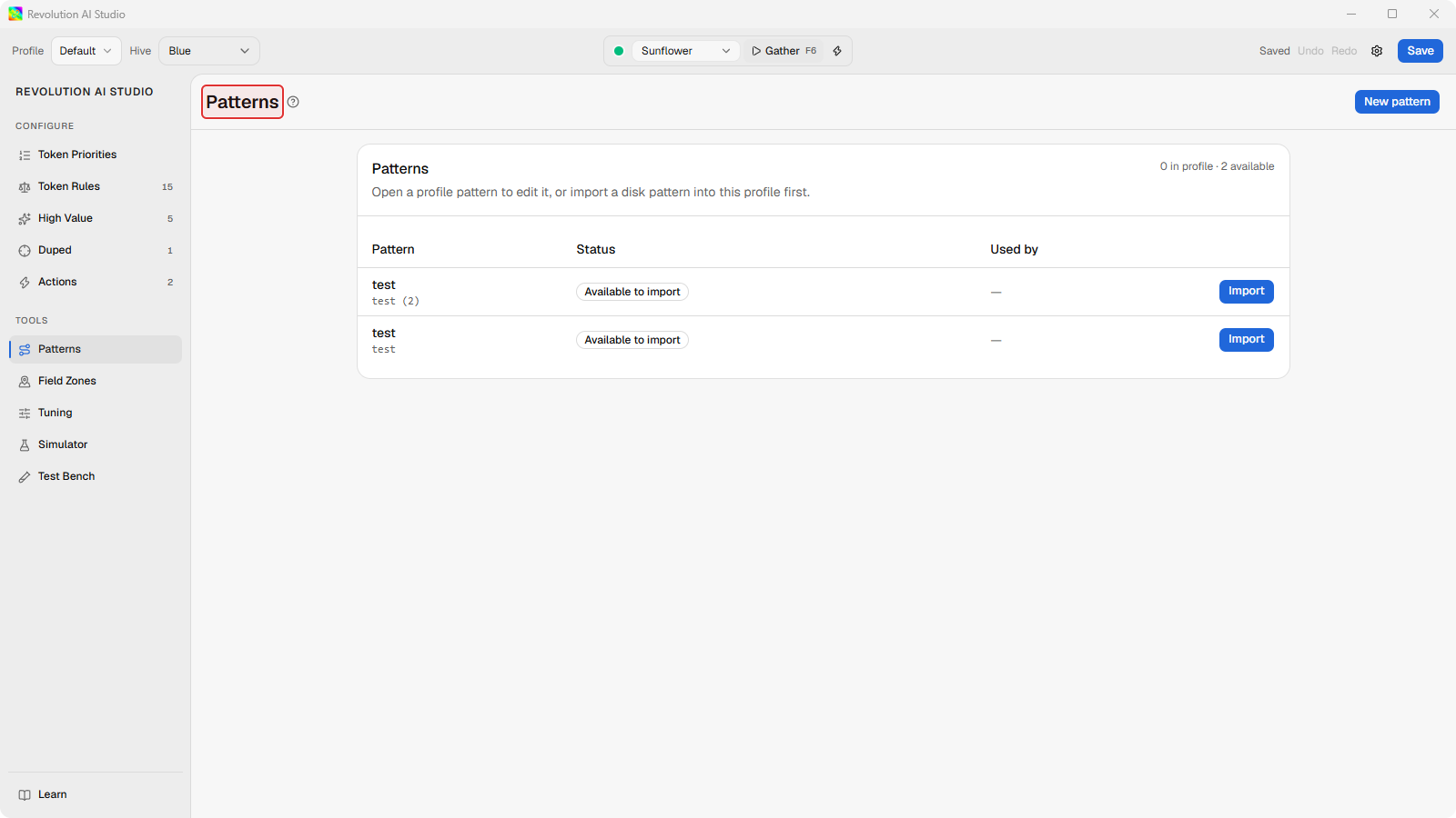 Pattern library with In profile and Available to import rows