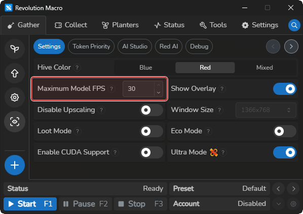 AI Gather Settings with Maximum Model FPS and performance toggles