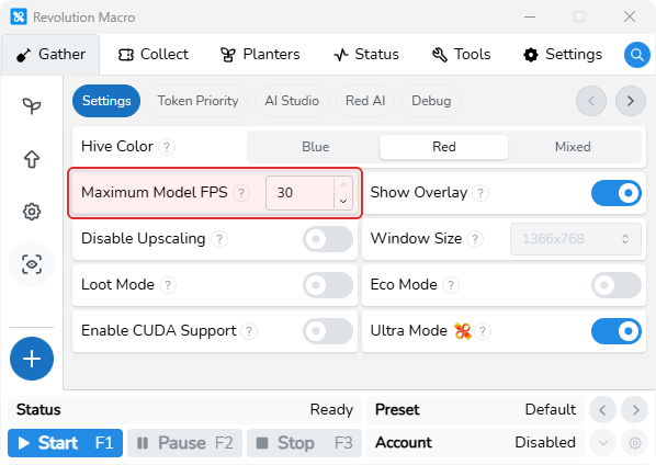 AI Gather Settings with Maximum Model FPS and performance toggles