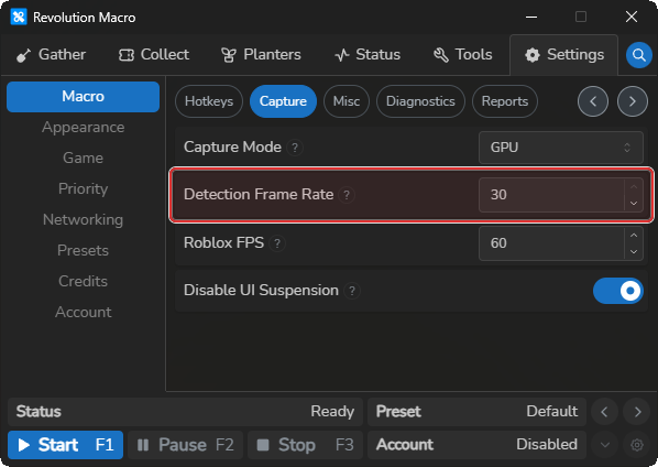 Capture settings with Detection Frame Rate