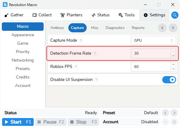 Capture settings with Detection Frame Rate