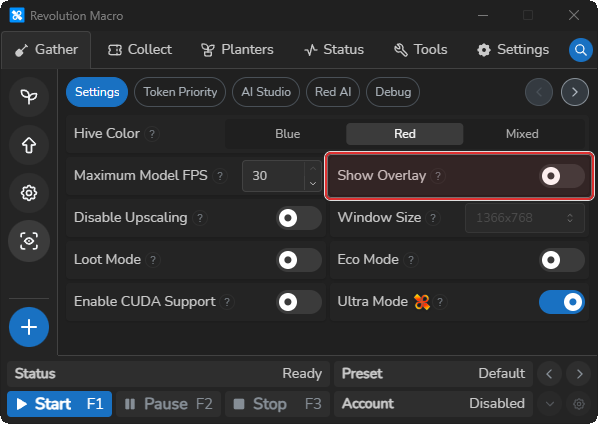AI Gather Settings with Show Overlay turned off
