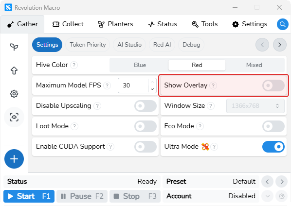 AI Gather Settings with Show Overlay turned off