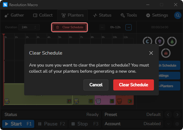 Clear Schedule confirmation warning to collect planters before generating a new schedule