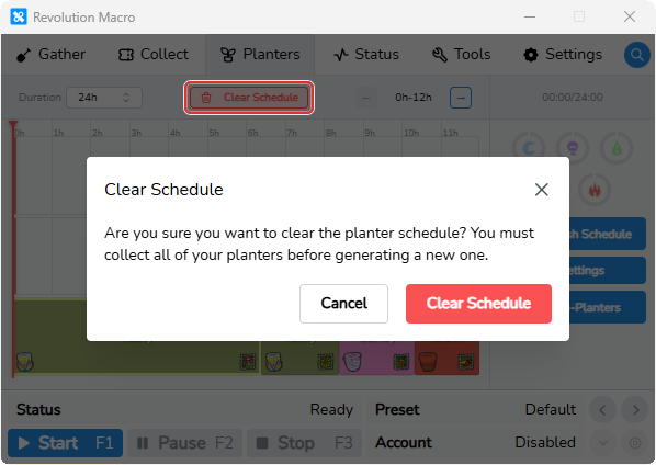 Clear Schedule confirmation warning to collect planters before generating a new schedule