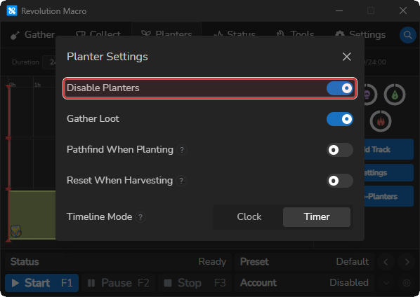 Planter Settings showing the Disable Planters switch