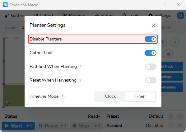 Planter Settings showing the Disable Planters switch