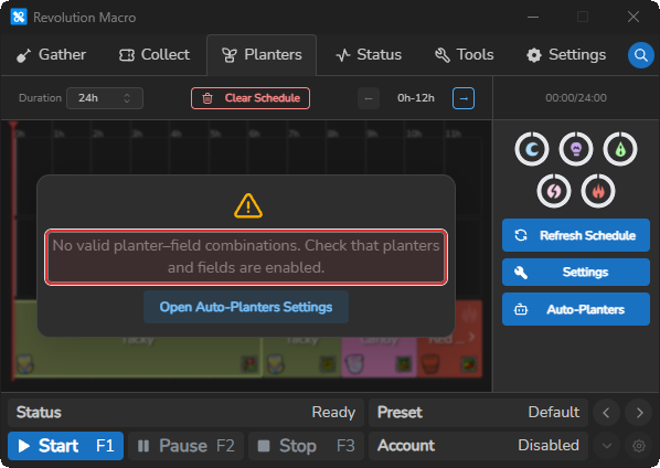 Planter Studio Auto Planters overlay showing schedule generation status