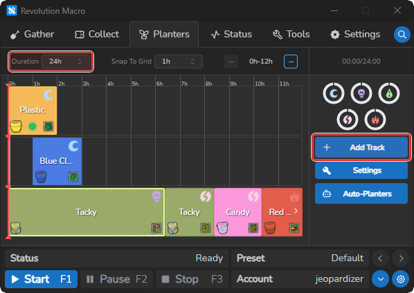 Planters timeline showing Duration, Snap To Grid, Add Track, and cycle rows