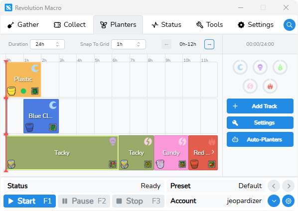 Planters timeline showing Duration, Snap To Grid, Add Track, and cycle rows