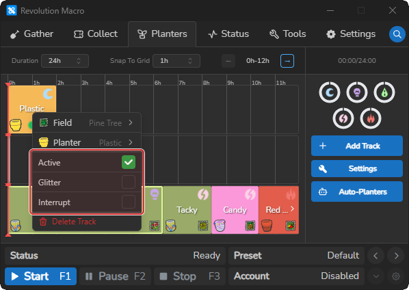 Planter track context menu with Field, Planter, Active, Glitter, Interrupt, and Delete Track