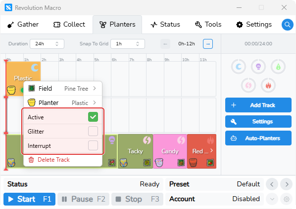 Planter track context menu with Field, Planter, Active, Glitter, Interrupt, and Delete Track
