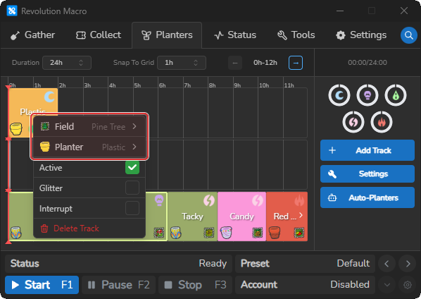 Track context menu showing Field and Planter submenus