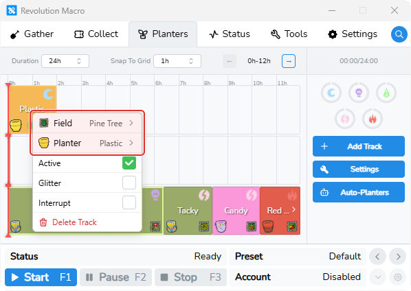 Track context menu showing Field and Planter submenus