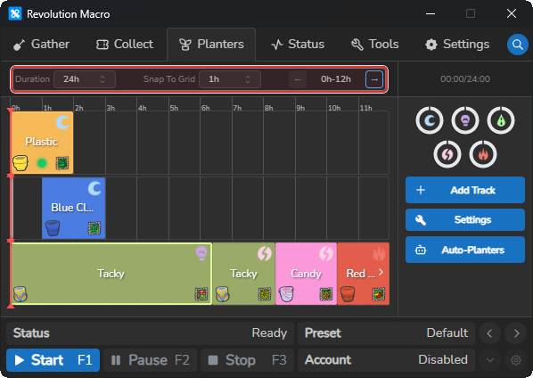 Timeline controls with Duration, Snap To Grid, and page hour range