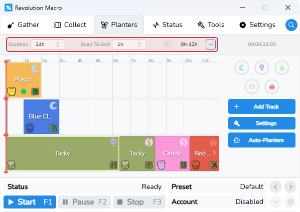 Timeline controls with Duration, Snap To Grid, and page hour range