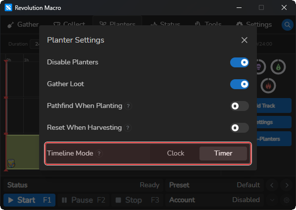 Planter Settings showing Timeline Mode Clock and Timer