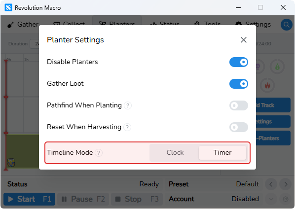 Planter Settings showing Timeline Mode Clock and Timer