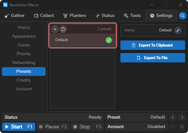 Settings Presets page showing the preset list and Create control