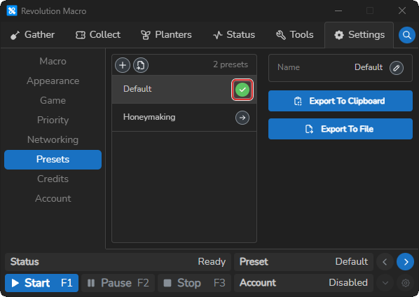 Preset list with green checkmark on the active preset