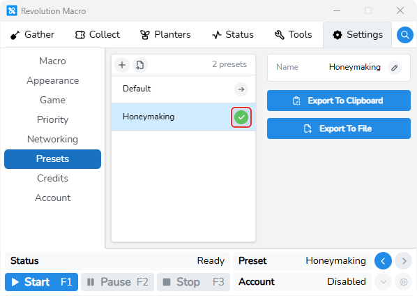 Preset list with green checkmark on the active preset