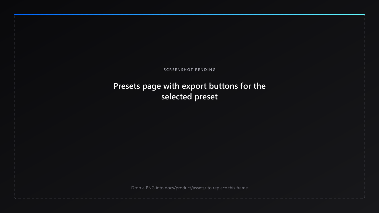 Presets page with export buttons for the selected preset