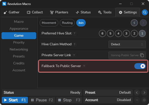 Join settings showing Fallback To Public Server
