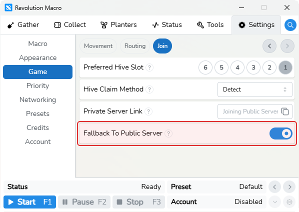 Join settings showing Fallback To Public Server