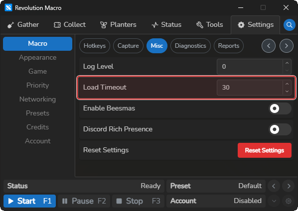 Load Timeout under Settings Macro Misc