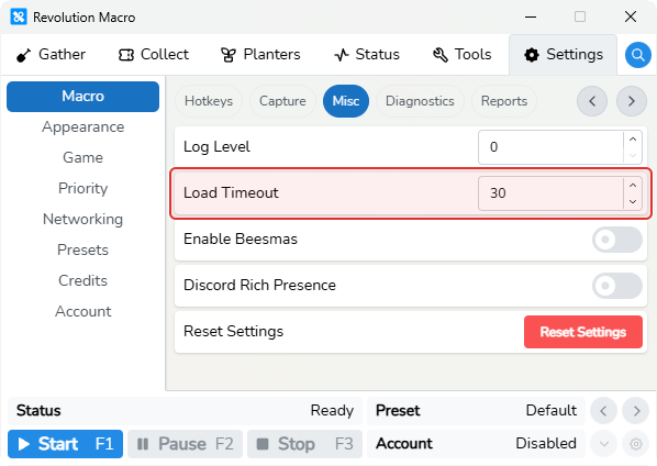 Load Timeout under Settings Macro Misc
