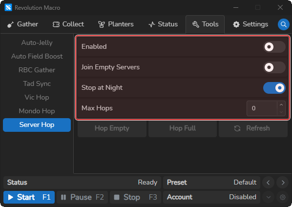 Tools Server Hop page showing Enabled and hop controls