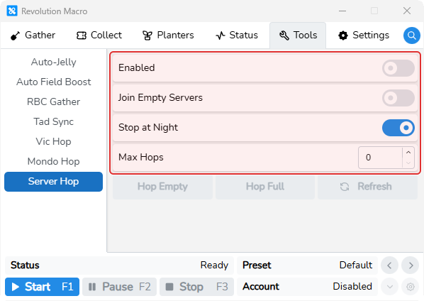 Tools Server Hop page showing Enabled and hop controls