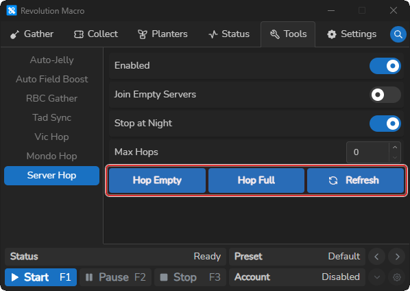 Server Hop with Enabled on and manual hop buttons enabled