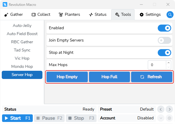 Server Hop with Enabled on and manual hop buttons enabled
