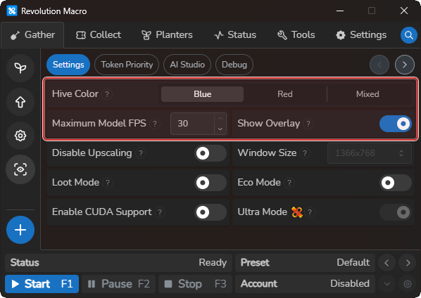 Gather AI Gather Settings with Hive Color and Show Overlay