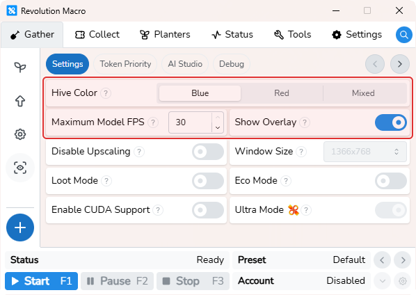 Gather AI Gather Settings with Hive Color and Show Overlay