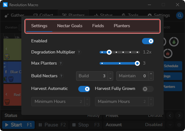 Auto-Planters modal with Settings and Nectar Goals tabs